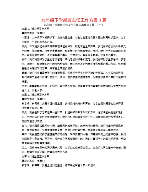 九年级下学期班主任工作计划3篇3篇