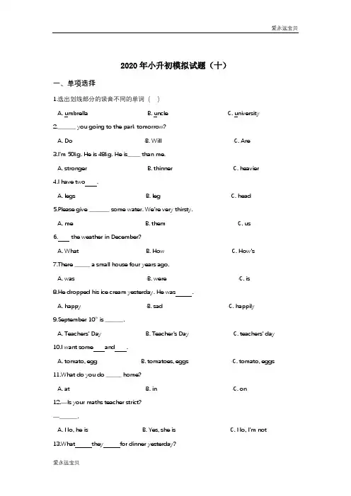 2020年小升初英语模拟试题(十)(译林版含答案)