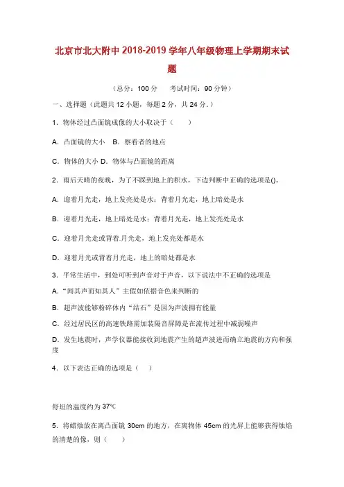 北京市北大附中学年八年级物理上学期期末试题