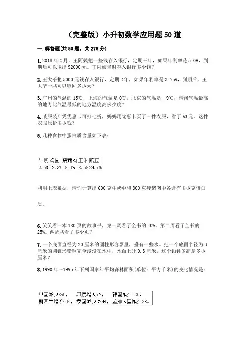 (完整版)小升初数学应用题50道附完整答案(历年真题)