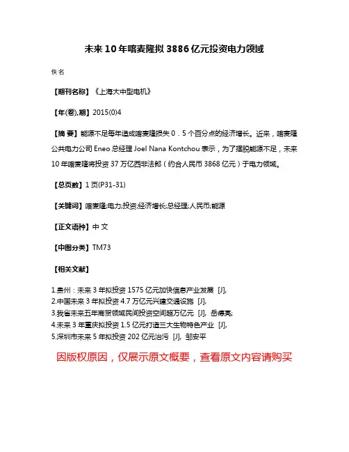 未来10年喀麦隆拟3886亿元投资电力领域