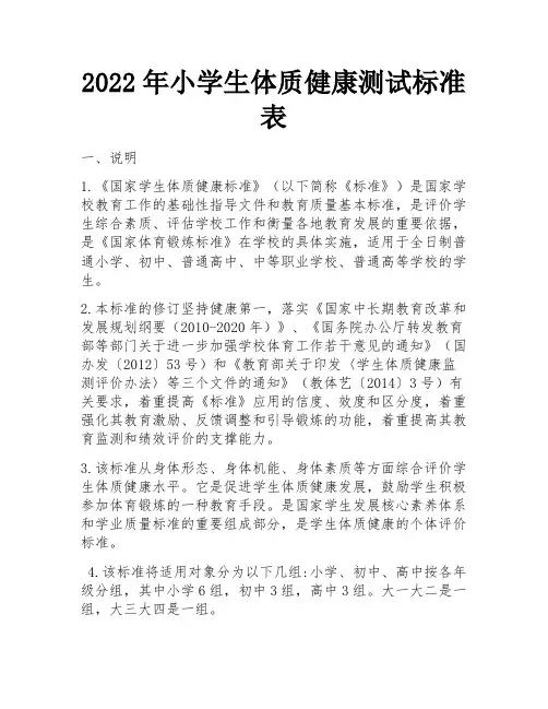 2022年小学生体质健康测试标准表