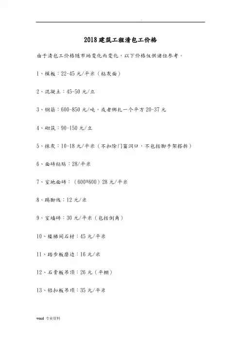 2018建筑工程清包工价格