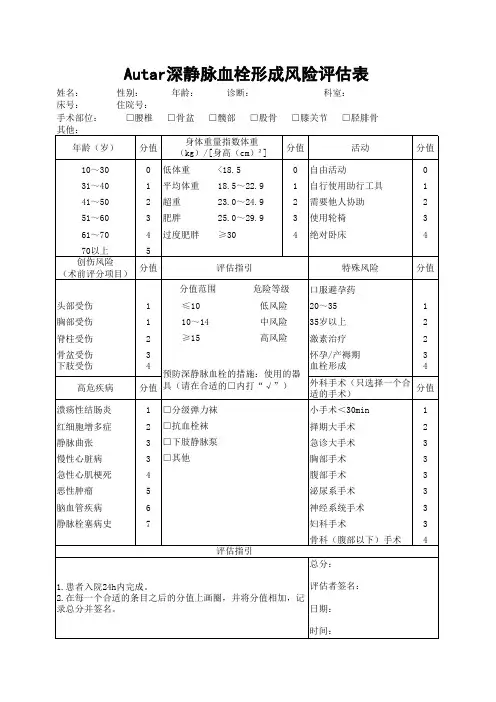 深静脉血栓形成风险评估表