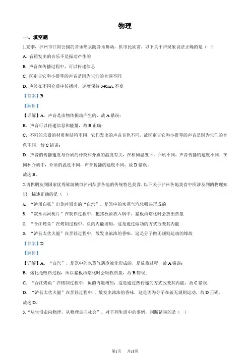 2020年四川省泸州市中考物理试题(解析版)