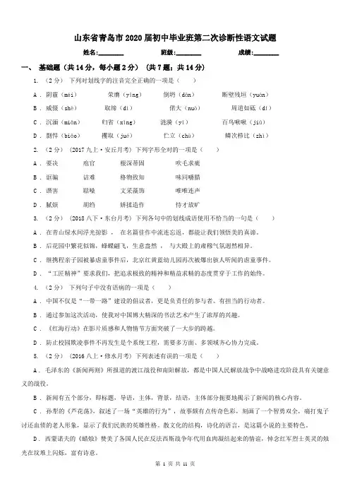 山东省青岛市2020届初中毕业班第二次诊断性语文试题
