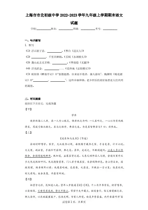上海市市北初级中学2022-2023学年九年级上学期期末语文试题