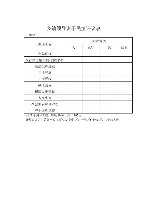 乡镇领导班子民主评议表