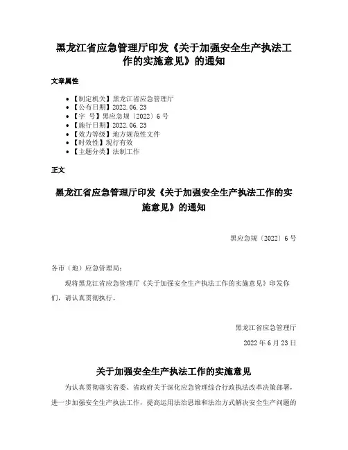 黑龙江省应急管理厅印发《关于加强安全生产执法工作的实施意见》的通知