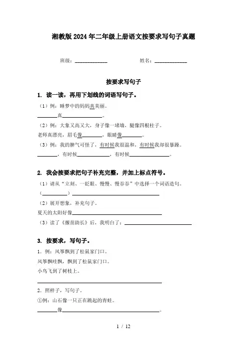 湘教版2024年二年级上册语文按要求写句子真题