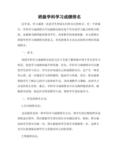 班级学科学习成绩排名