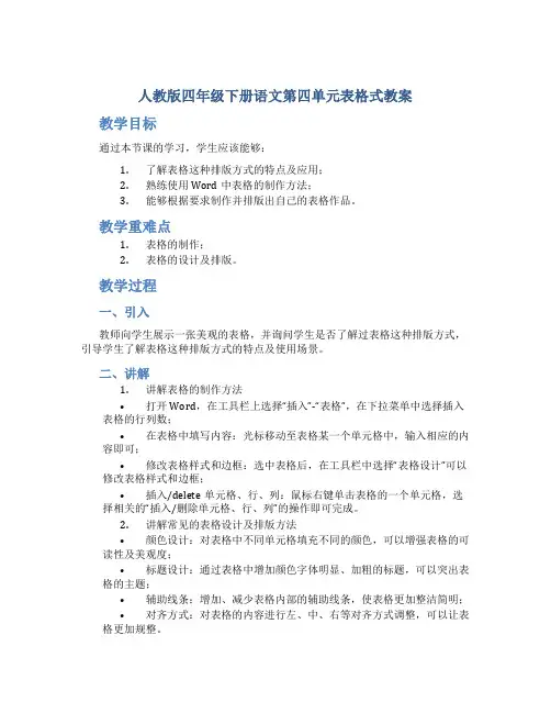 人教版四年级下册语文第四单元表格式教案