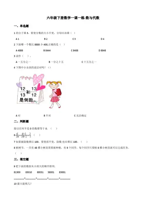 六年级下册数学一课一练 数与代数 北师大版