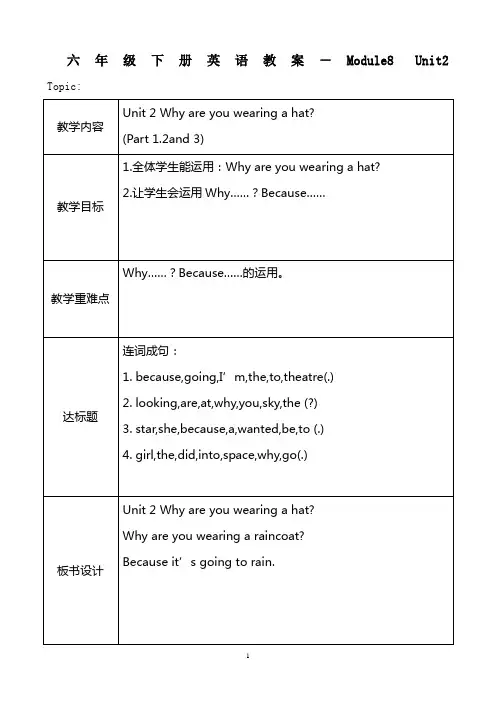 外研社(三起)六年级下册英语Module8 Unit2 Why are you wearing a hat教案