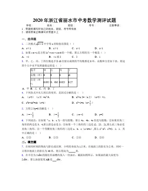 2020年浙江省丽水市中考数学测评试题附解析