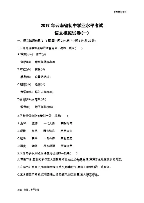 云南中考语文2019年云南省模拟卷(一)