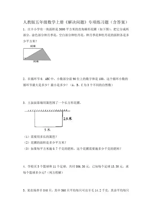人教版五年级数学上册《解决问题》专项练习题(含答案)