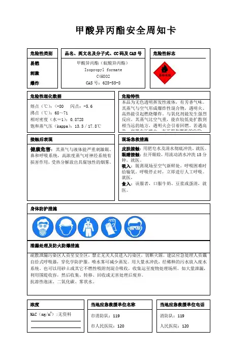 甲酸异丙酯安全周知卡、职业危害告知卡、理化特性表