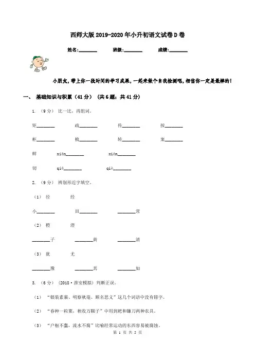 西师大版2019-2020年小升初语文试卷D卷