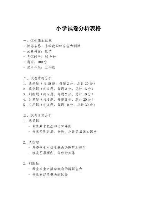 小学试卷分析表格