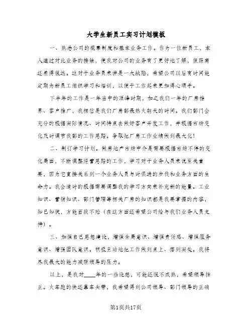 大学生新员工实习计划模板（3篇）