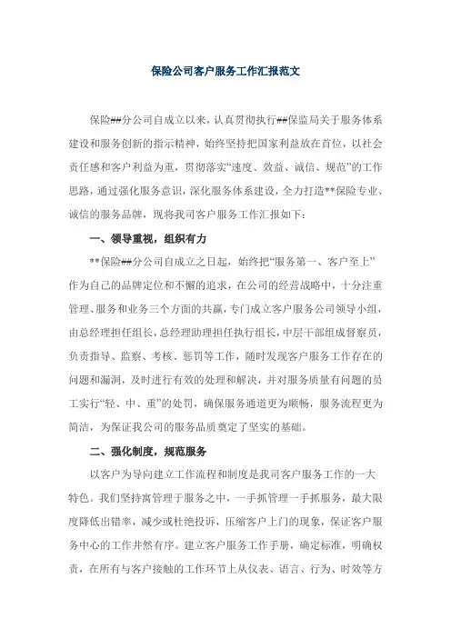保险公司客户服务工作汇报范文