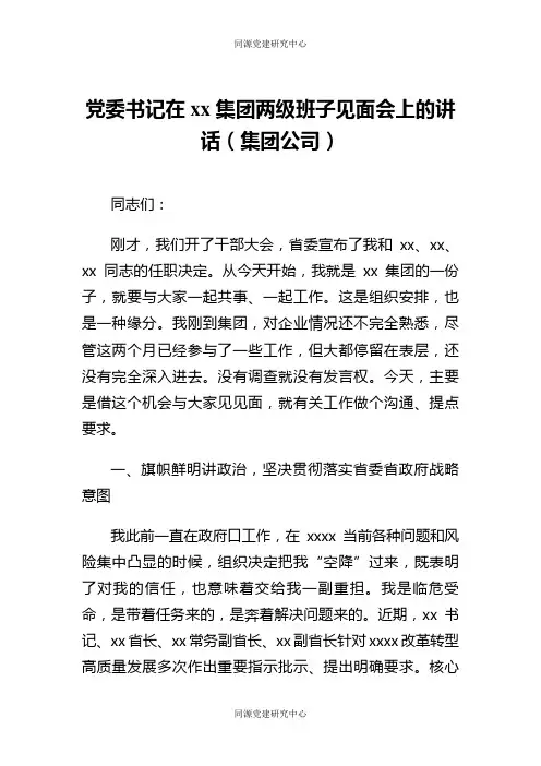 党委书记在xx集团两级班子见面会上的讲话（集团公司）