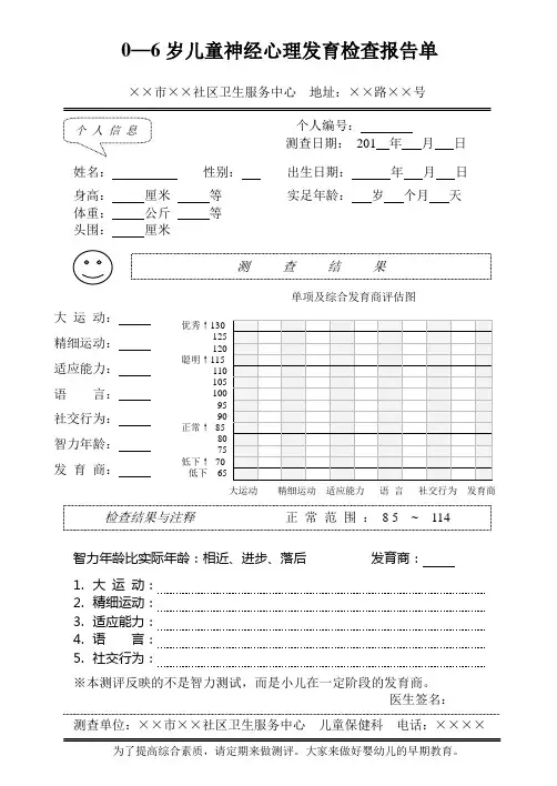 0—6岁儿童神经心理发育检查报告单