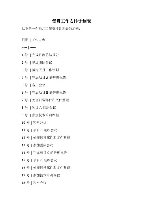每月工作安排计划表
