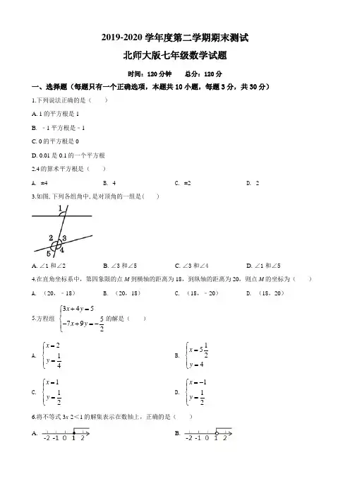 [北师大版]七年级下册数学《期末考试试题》含答案解析