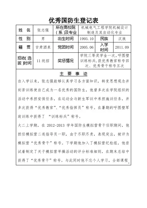 优秀国防生登记表