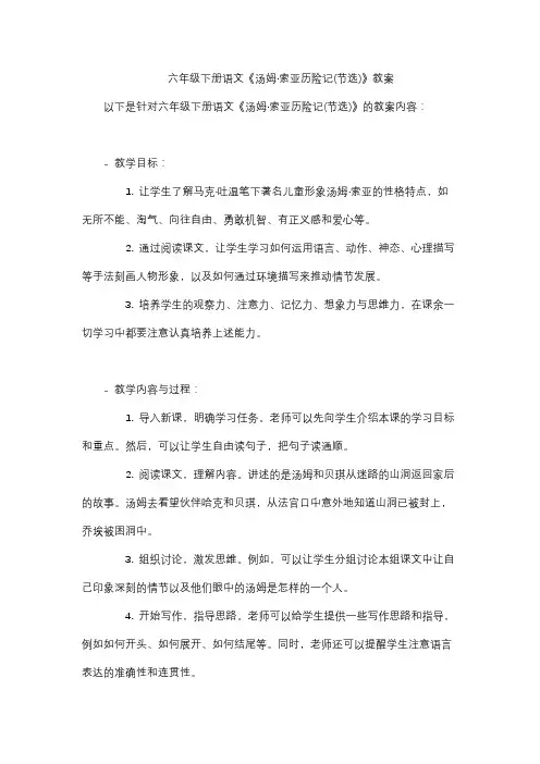 六年级下册语文《汤姆索亚历险记(节选)》教案