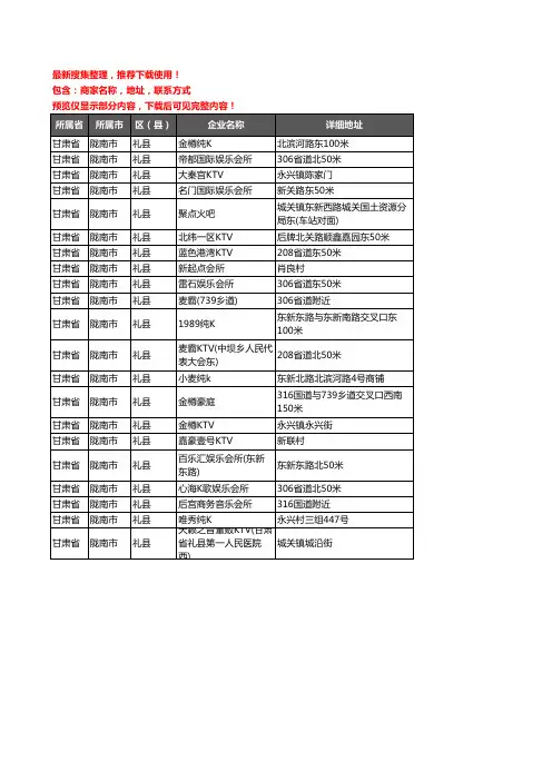 新版甘肃省陇南市礼县KTV企业公司商家户名录单联系方式地址大全21家