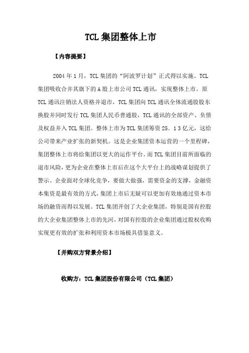 TCL集团整体上市