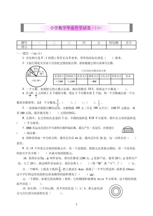六年级下册数学小升初试卷-毕业会考试卷(十六) 苏教版 (含答案)