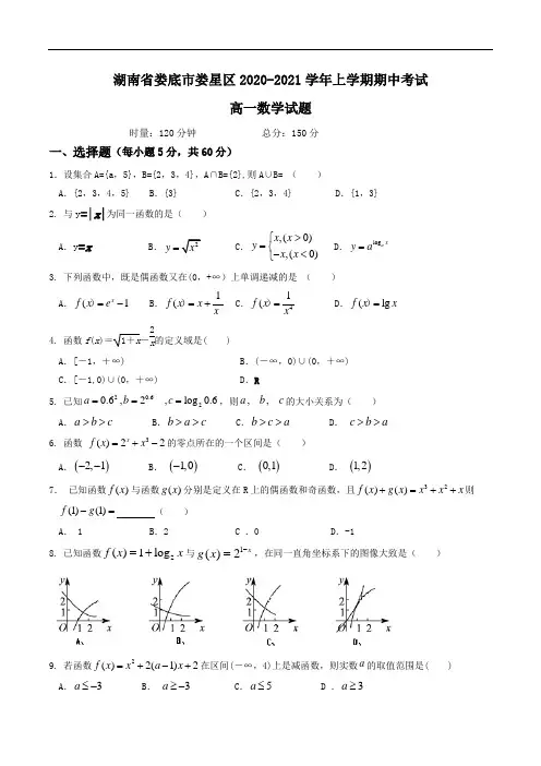 湖南省娄底市娄星区2020-2021学年高一上学期期中考试数学试题Word版含答案