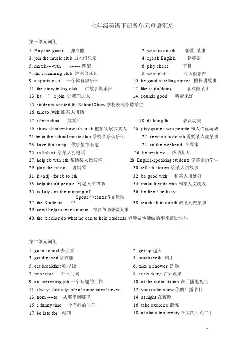 新版七年级英语下册各单元短语汇总 2