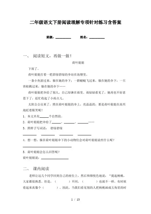 二年级语文下册阅读理解专项针对练习含答案