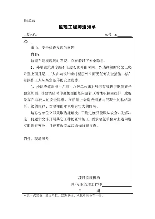 监理通知单(安全检查发现的问题)
