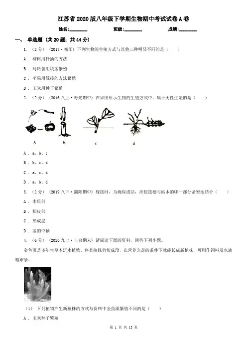 江苏省2020版八年级下学期生物期中考试试卷A卷