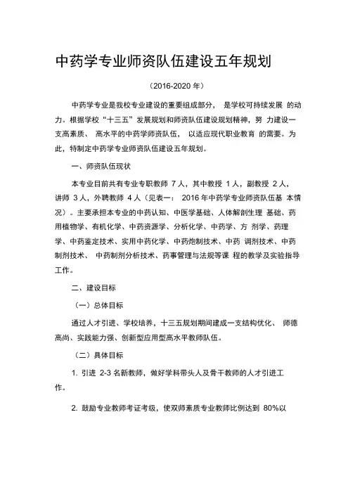中药学专业师资队伍建设五年规划