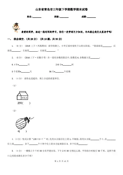 山东省青岛市三年级下学期数学期末试卷