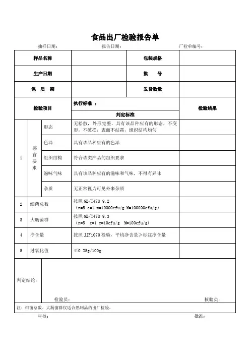食品生产经营企业食品出厂检验报告单式样