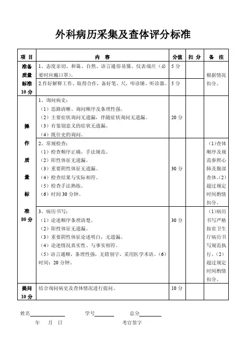 外科病历采集及查体评分标准