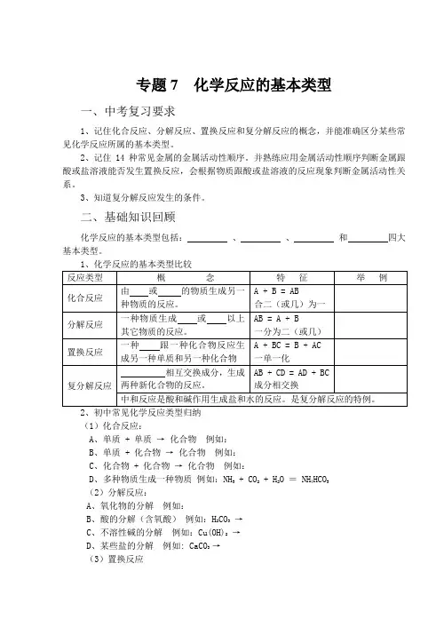 中考化学反应的基本类型