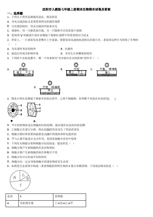 沈阳市人教版七年级上册期末生物期末试卷及答案