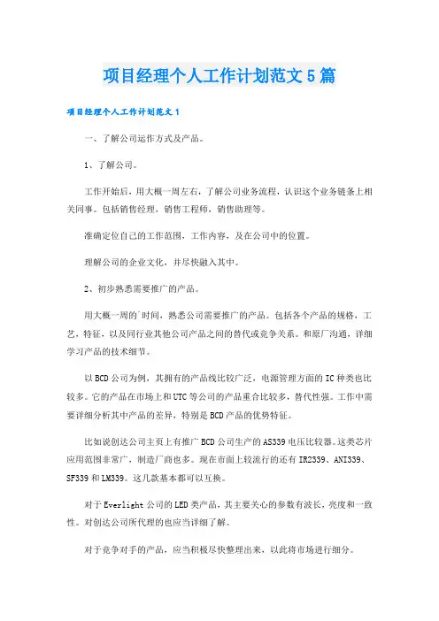 项目经理个人工作计划范文5篇