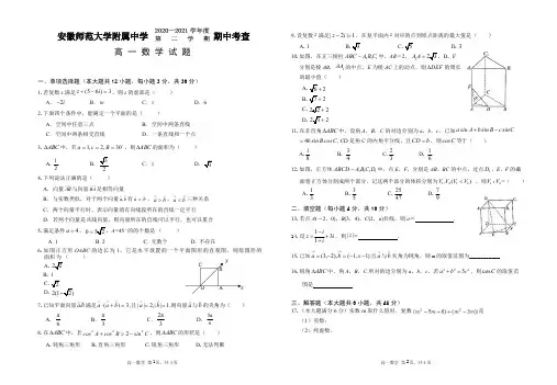 2020-2021学年安徽师范大学附属中学高一下学期期中考查数学试题 PDF版