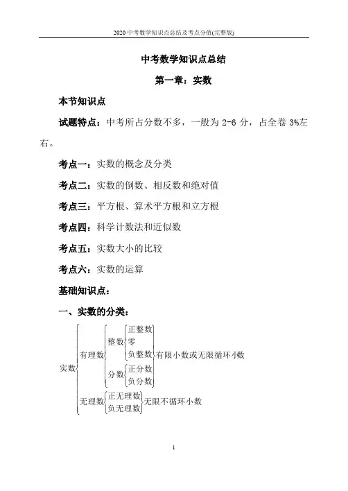 2020中考数学知识点总结及考点分值(完整版)