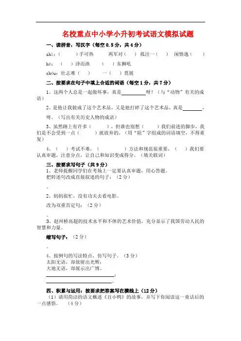 2019年深圳市小升初语文模拟试题(共5套)详细答案19